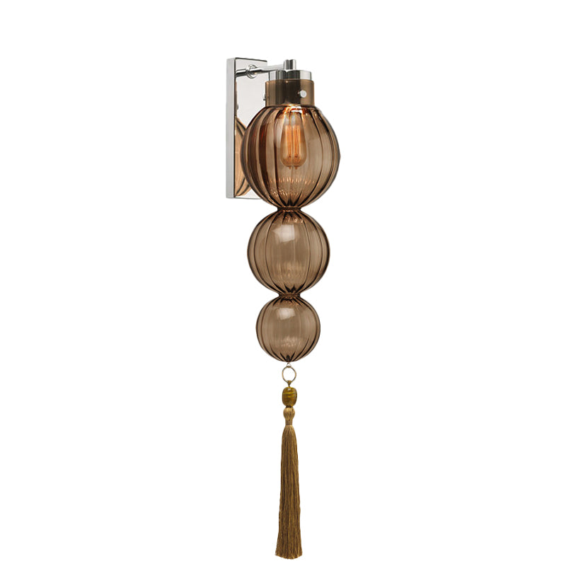 Brass/Chrome Finish Sphere Sconce Light Chinese Style 1 Bulb Clear/Amber/Light Blue Glass Wall Mount Lamp with Tassel Knot
