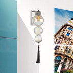 Brass/Chrome Finish Sphere Sconce Light Chinese Style 1 Bulb Clear/Amber/Light Blue Glass Wall Mount Lamp with Tassel Knot