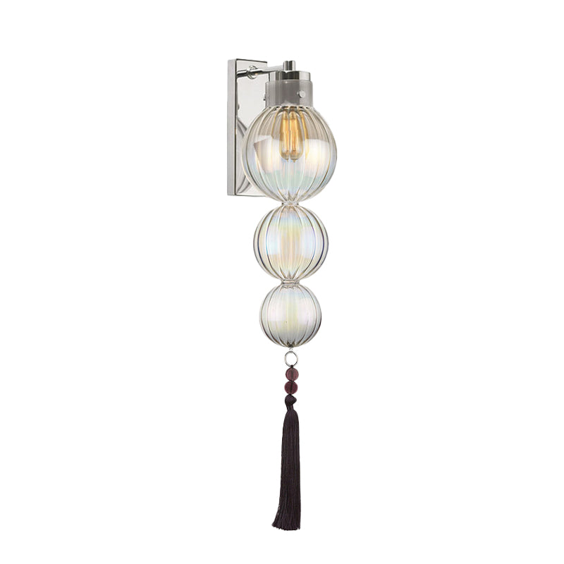 Brass/Chrome Finish Sphere Sconce Light Chinese Style 1 Bulb Clear/Amber/Light Blue Glass Wall Mount Lamp with Tassel Knot