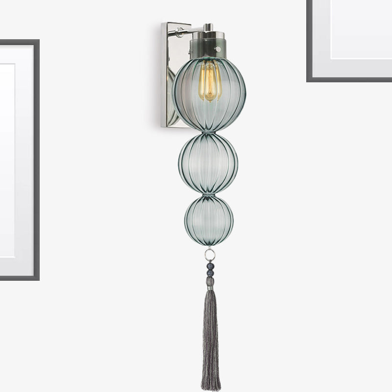 Brass/Chrome Finish Sphere Sconce Light Chinese Style 1 Bulb Clear/Amber/Light Blue Glass Wall Mount Lamp with Tassel Knot