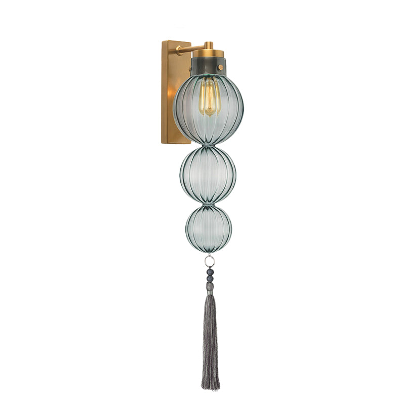 Brass/Chrome Finish Sphere Sconce Light Chinese Style 1 Bulb Clear/Amber/Light Blue Glass Wall Mount Lamp with Tassel Knot