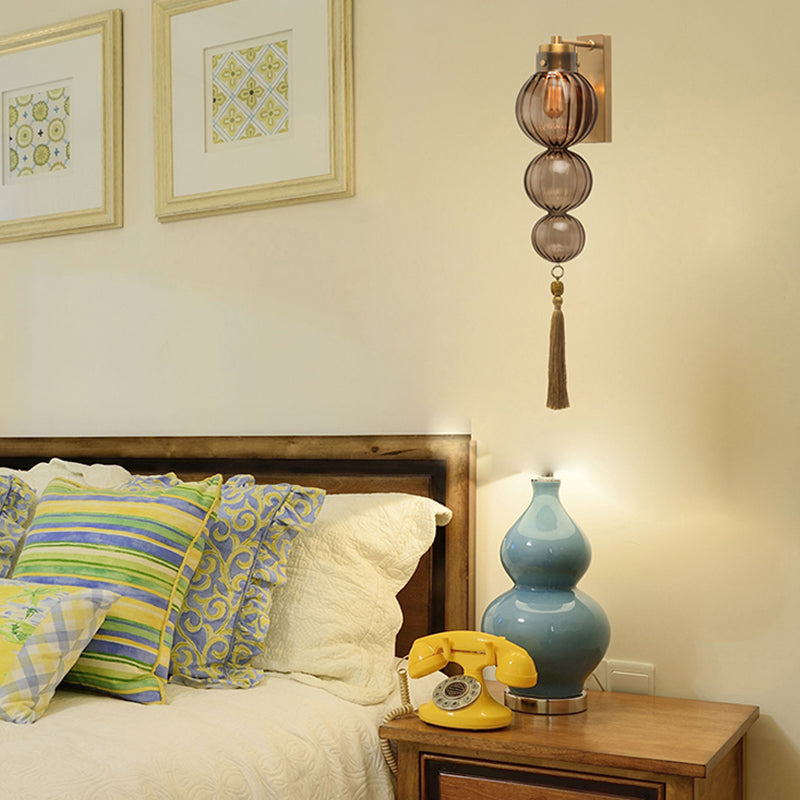 Brass/Chrome Finish Sphere Sconce Light Chinese Style 1 Bulb Clear/Amber/Light Blue Glass Wall Mount Lamp with Tassel Knot