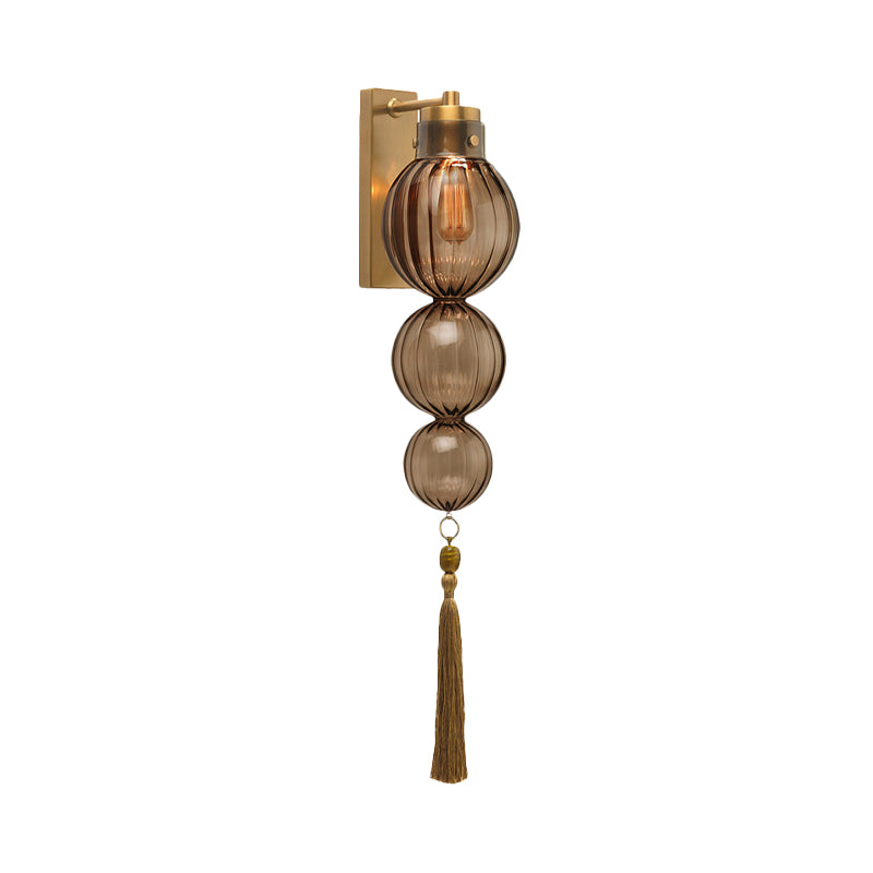Brass/Chrome Finish Sphere Sconce Light Chinese Style 1 Bulb Clear/Amber/Light Blue Glass Wall Mount Lamp with Tassel Knot
