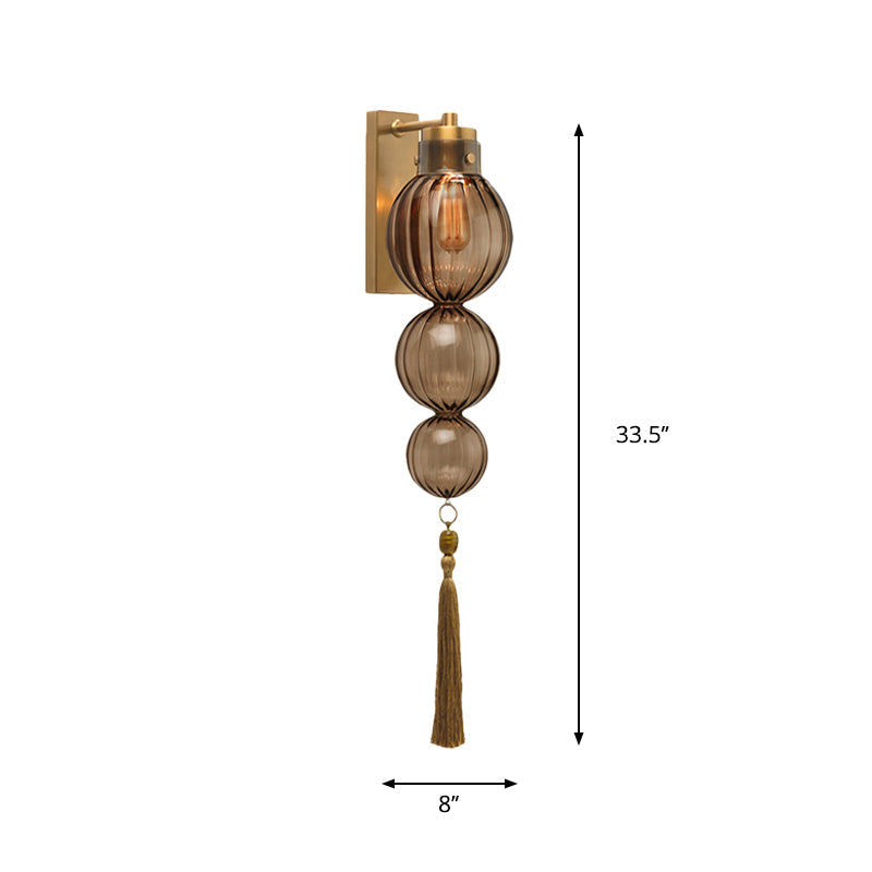 Brass/Chrome Finish Sphere Sconce Light Chinese Style 1 Bulb Clear/Amber/Light Blue Glass Wall Mount Lamp with Tassel Knot