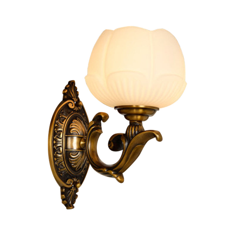 Lotus Shade Indoor Sconce Light Fixture Vintage White Glass and Metal 1 Light Brass Finish Wall Lamp