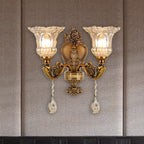 Vintage Floral Wall Mount Lamp 1/2 Heads Beveled Crystal Prism Wall Sconce Light in Brass
