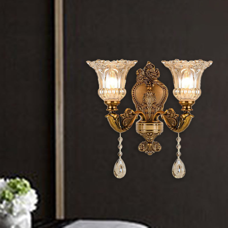 Vintage Floral Wall Mount Lamp 1/2 Heads Beveled Crystal Prism Wall Sconce Light in Brass