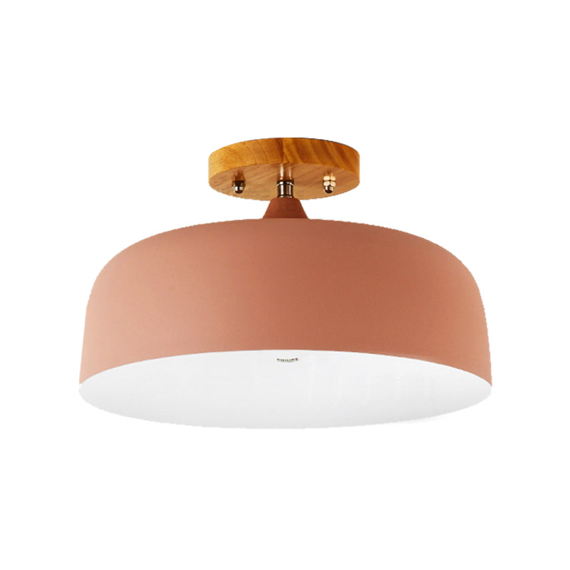 1 Light Gray/White/Pink/Green Ceiling Flush Mount Light with Drum Metal Lampshade Simple Semi-Flushmount Lamp
