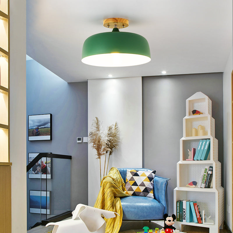 1 Light Gray/White/Pink/Green Ceiling Flush Mount Light with Drum Metal Lampshade Simple Semi-Flushmount Lamp