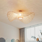 Bamboo Hand-Worked Semi-Flush Mount Japanese 2 Bulbs Close to Ceiling Lighting in Beige
