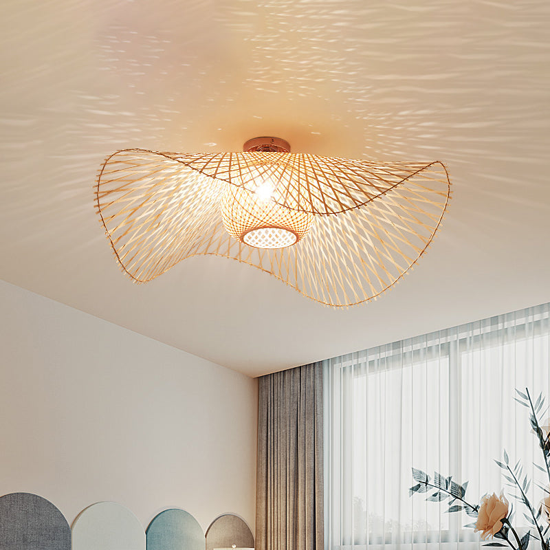 Bamboo Hand-Worked Semi-Flush Mount Japanese 2 Bulbs Close to Ceiling Lighting in Beige
