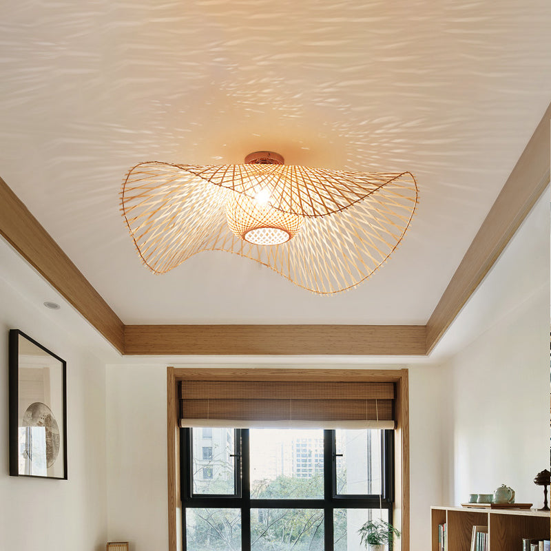 Bamboo Hand-Worked Semi-Flush Mount Japanese 2 Bulbs Close to Ceiling Lighting in Beige