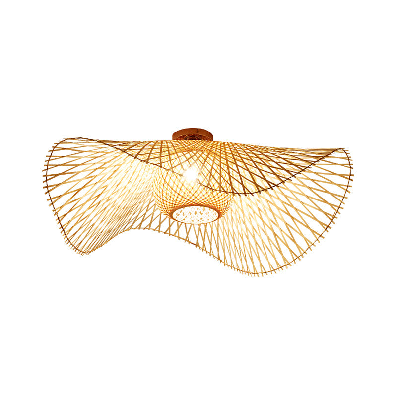 Bamboo Hand-Worked Semi-Flush Mount Japanese 2 Bulbs Close to Ceiling Lighting in Beige