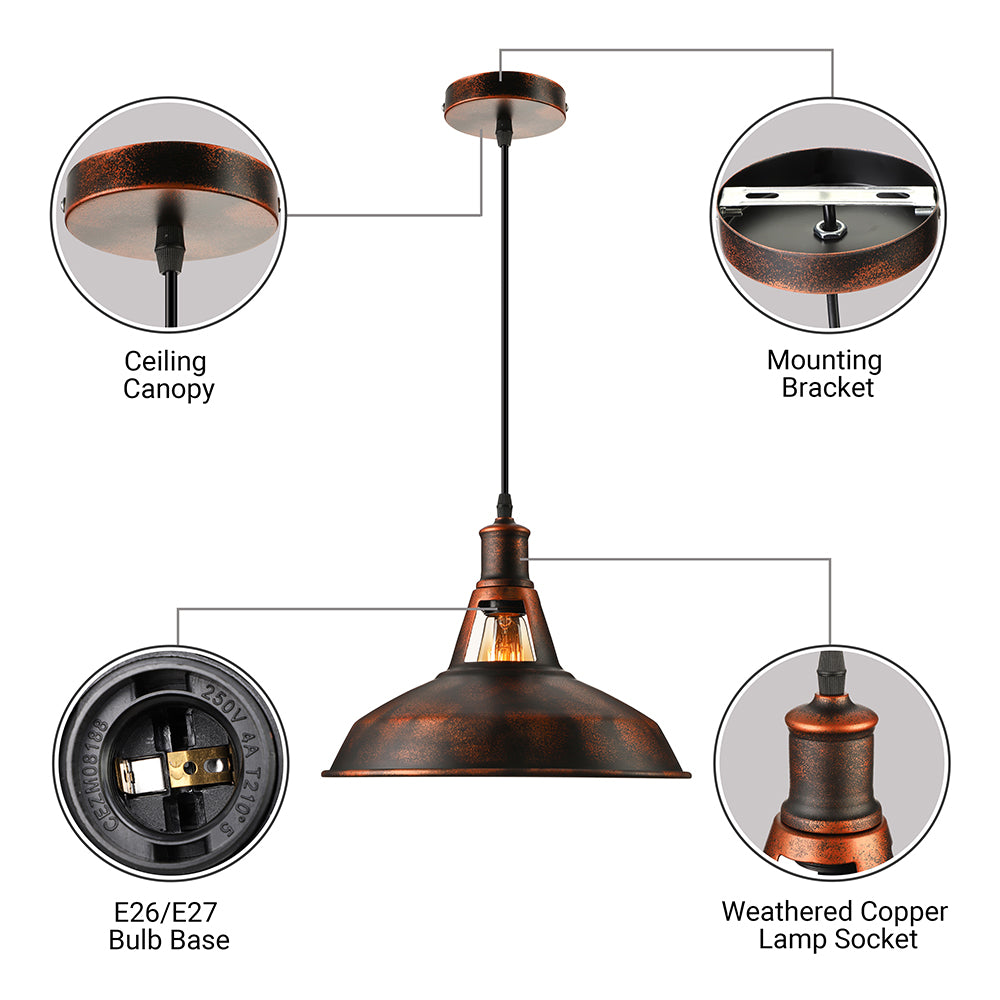 Metal Rust Pendant Light Fixture with Barn Shade 1 Bulb Rustic Style Hanging Lamp with Adjustable Cord, 10.5"/12"/15" Width