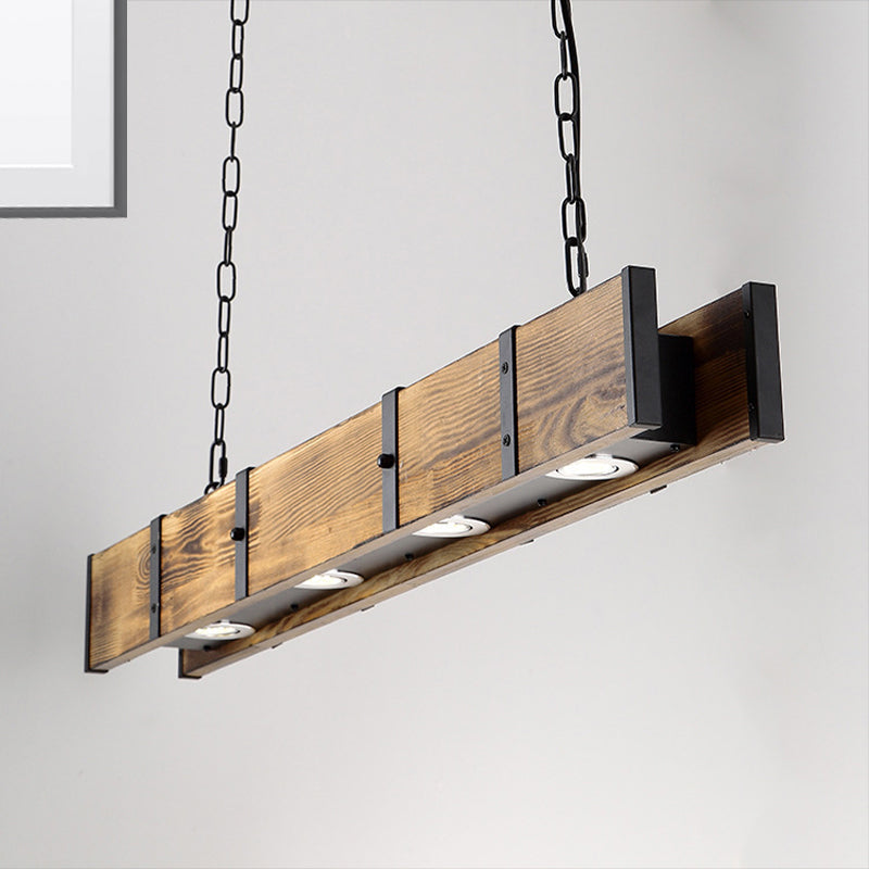Rectangular Wooden Island Ceiling Light Industrial 4 Lights Brown Island Lamp with Metal Chain