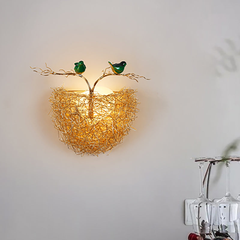Opal Glass Globe Wall Sconce Light with Bird Nest Design Postmodern 1 Light Gold Wall Lamp, 14"/15" Wide