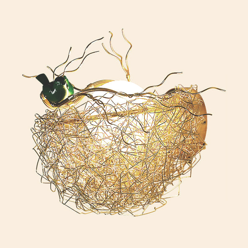 Opal Glass Globe Wall Sconce Light with Bird Nest Design Postmodern 1 Light Gold Wall Lamp, 14"/15" Wide