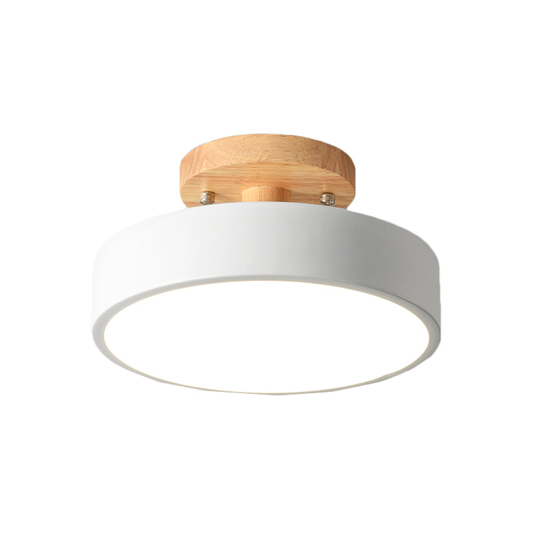 Iron Drum Flushmount Nordic White/Green/Grey Finish LED Semi Close to Ceiling Light with Wood Canopy for Corridor