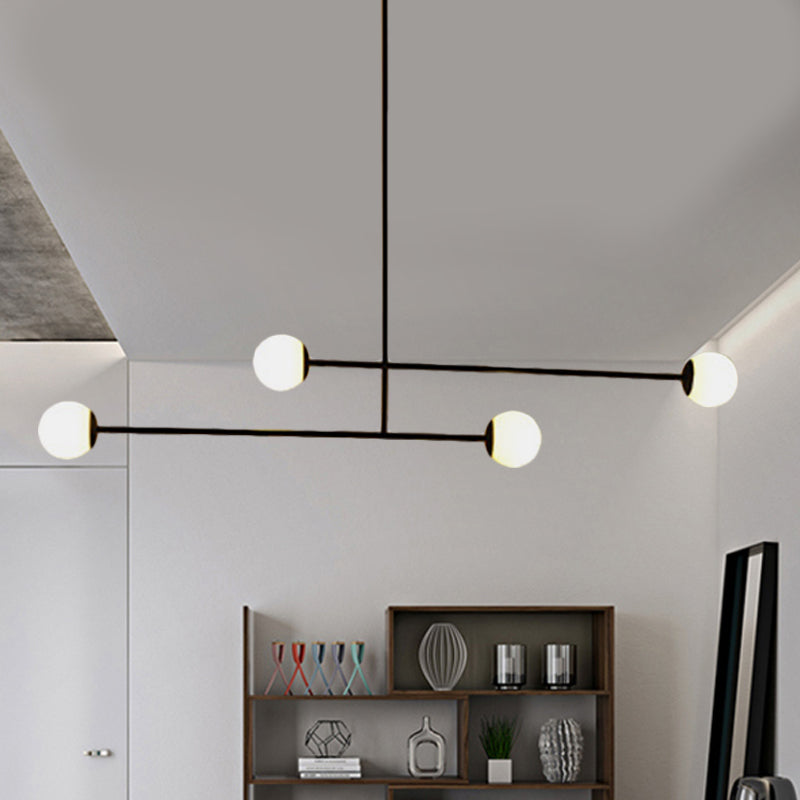 Black Linear Chandelier Light Modern Style 4 Heads Metal Pendant Lamp with Ball Glass Shade for Dining Room