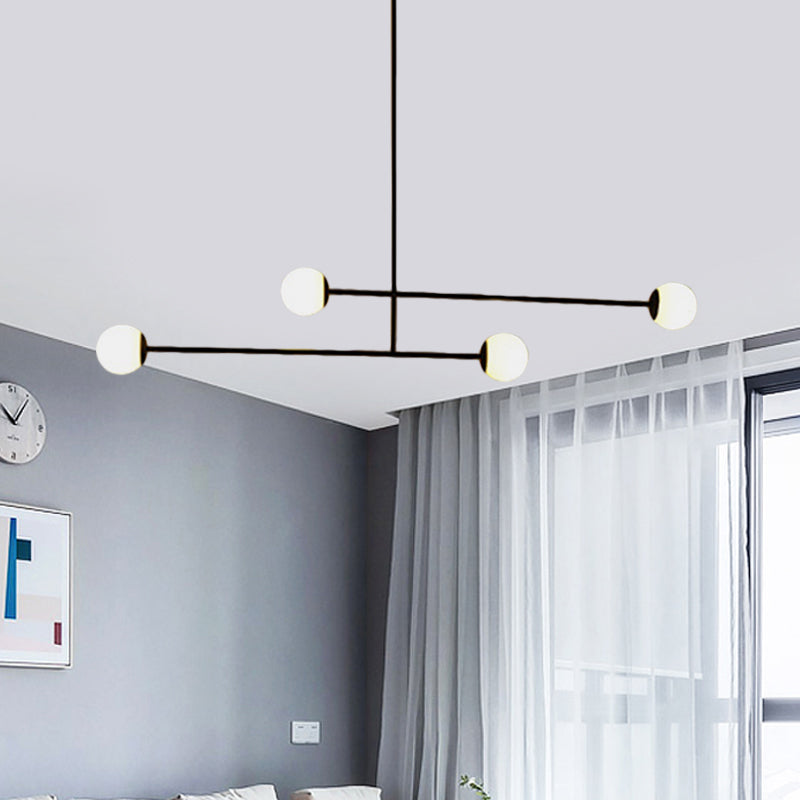 Black Linear Chandelier Light Modern Style 4 Heads Metal Pendant Lamp with Ball Glass Shade for Dining Room
