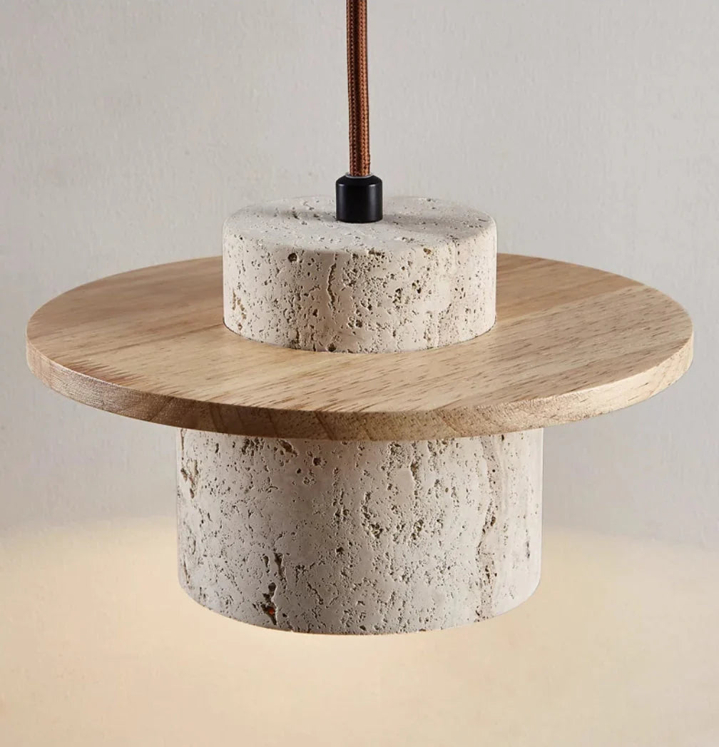 Modern Hanging Lamp Made of Stone and Wood