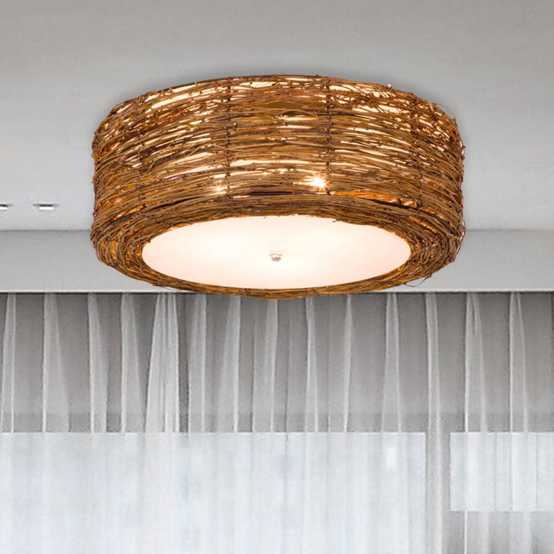 Hand-Woven Flush Mount Lamp with Round Shade Modern Rattan 3 Lights Bedroom Ceiling Light Fixture in Brown, 16"/19.5" W