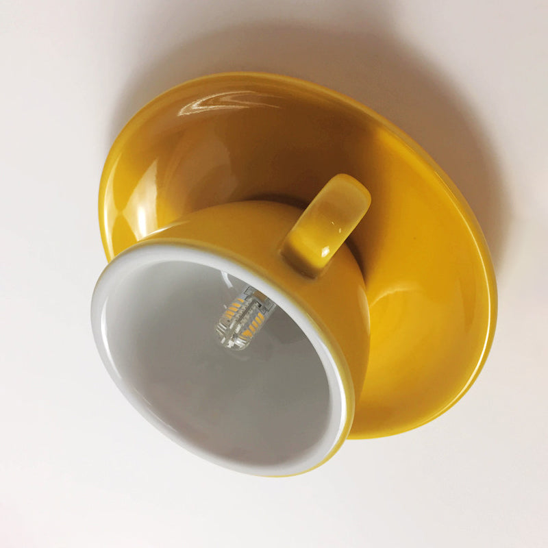 Coffee Cup Ceramics Flush Ceiling Lighting Macaron 1 Light Pink/Blue/Yellow Finish LED Flush Mounted Lamp