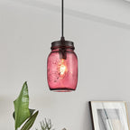 1-Light Pendant Lighting Modern Caged Mason Jar Blown Glass Hanging Ceiling Light in Red/Green/Amber
