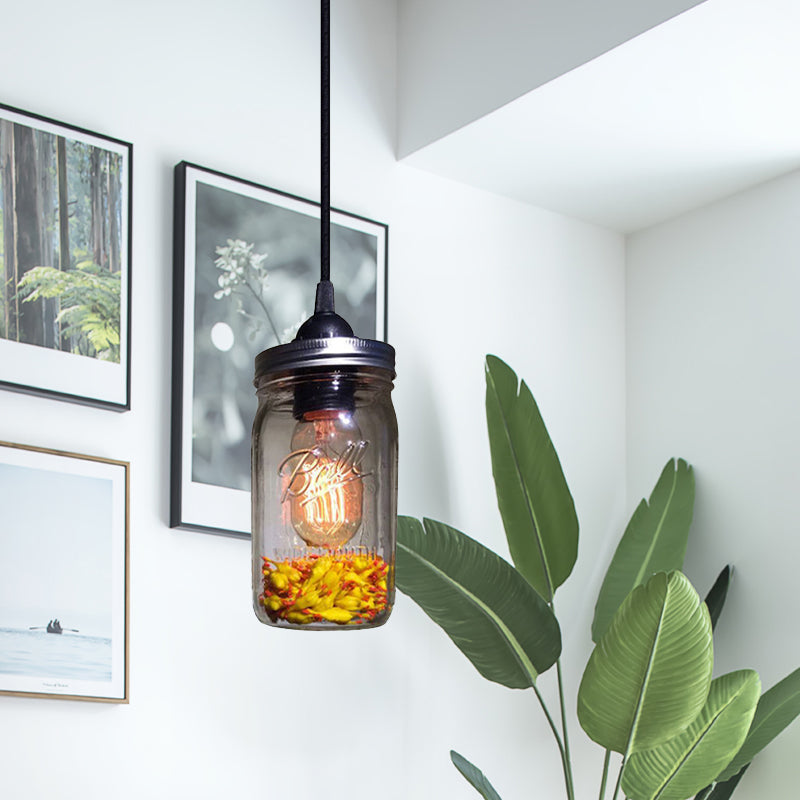 1-Light Pendant Lighting Modern Caged Mason Jar Blown Glass Hanging Ceiling Light in Red/Green/Amber