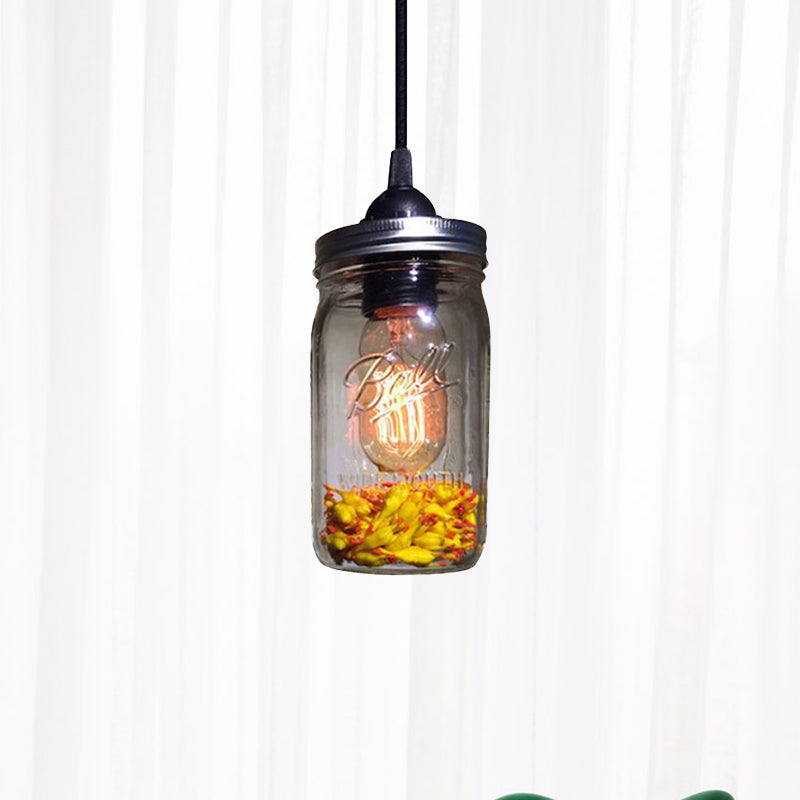 1-Light Pendant Lighting Modern Caged Mason Jar Blown Glass Hanging Ceiling Light in Red/Green/Amber