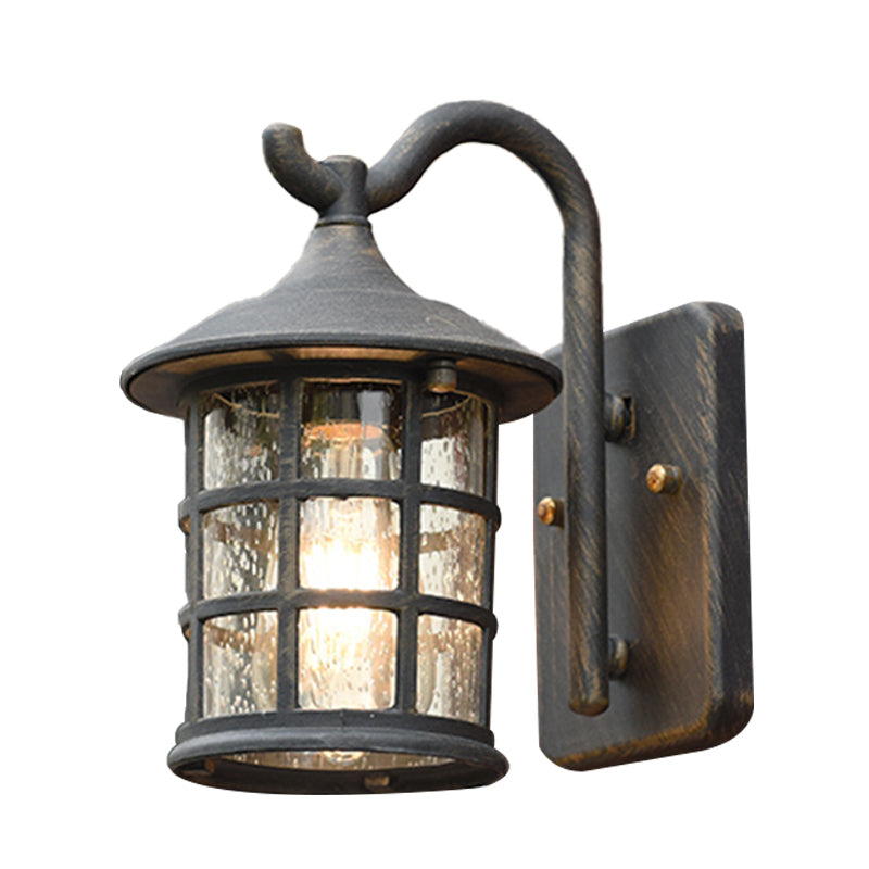 Seeded Glass Lantern Wall Lamp Countryside Single Light Outdoor Wall Light in Bronze/Black