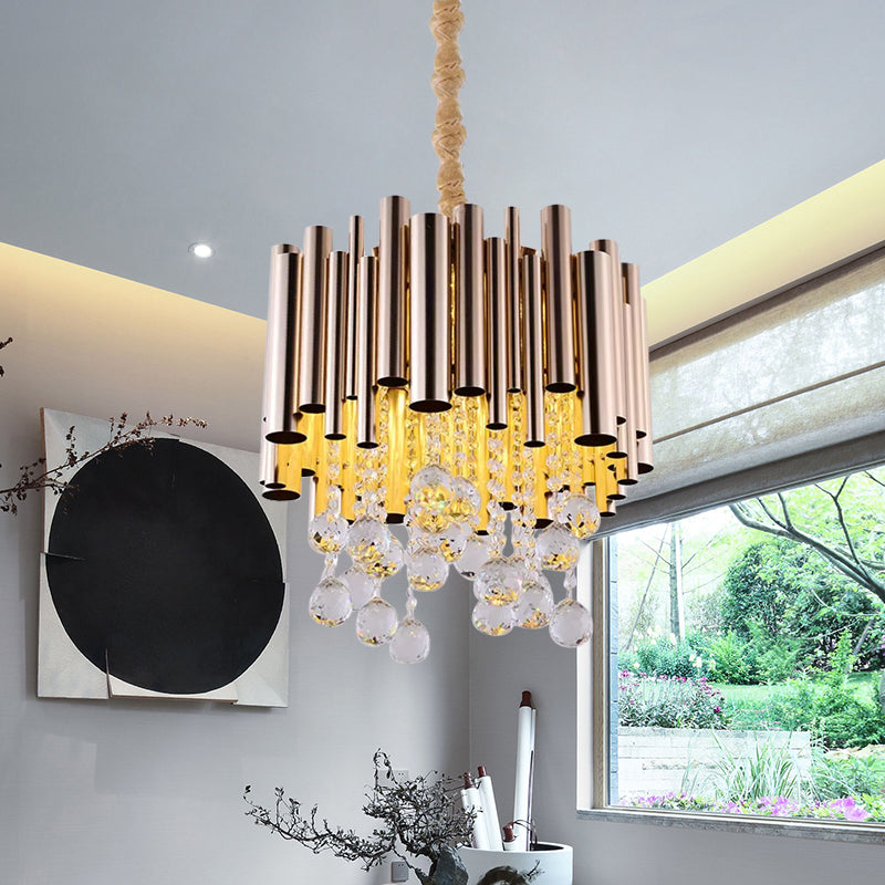 Slim Tube Metal Chandelier Light Fixture Modernist 6 Lights Gold/Rose Red Finish Pendulum Lamp with Crystal Ball Deco