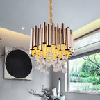 Slim Tube Metal Chandelier Light Fixture Modernist 6 Lights Gold/Rose Red Finish Pendulum Lamp with Crystal Ball Deco