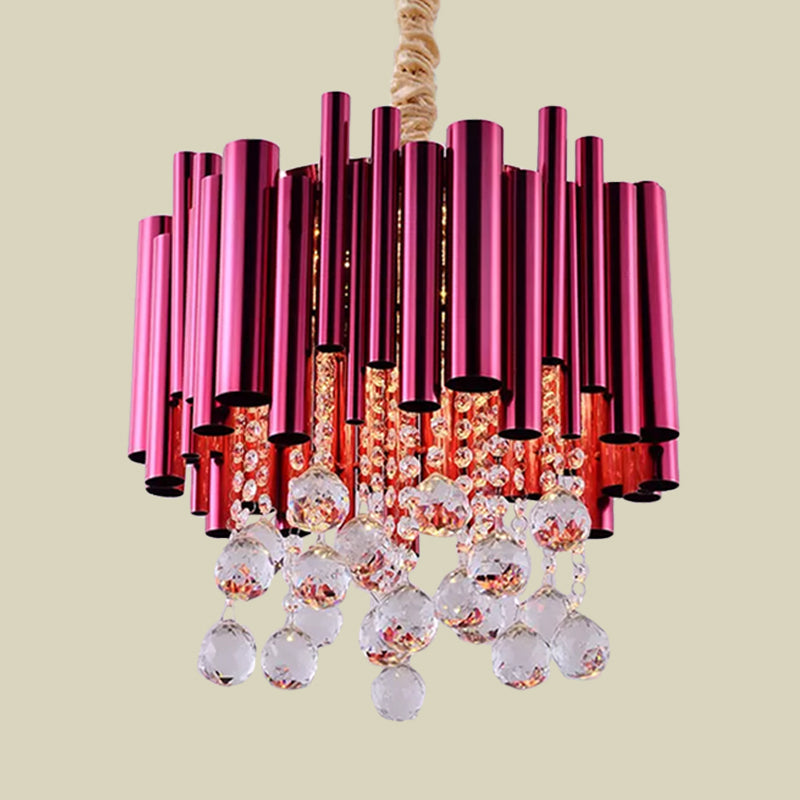 Slim Tube Metal Chandelier Light Fixture Modernist 6 Lights Gold/Rose Red Finish Pendulum Lamp with Crystal Ball Deco