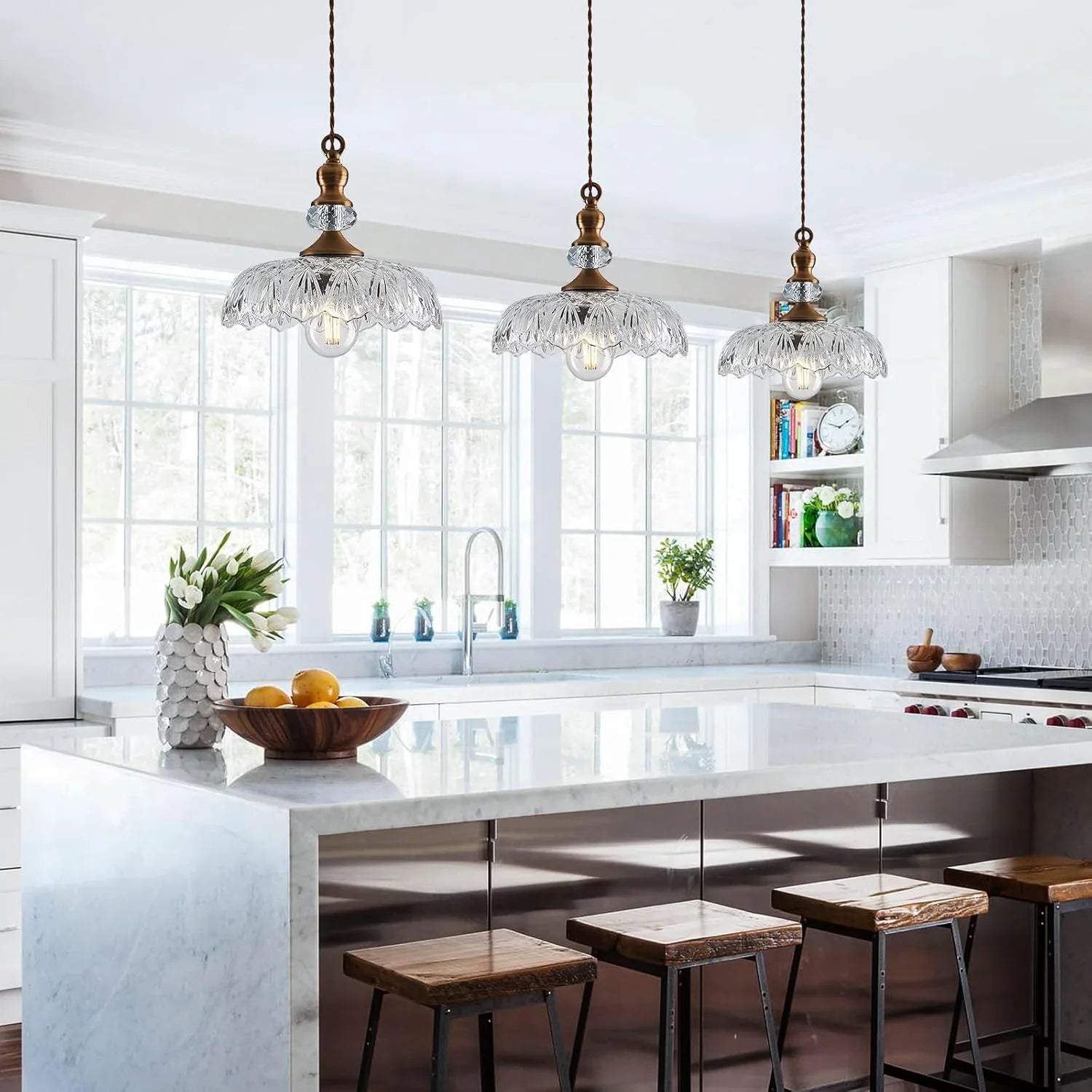 Anthea Retro Brass Glass Flower Pendant Light