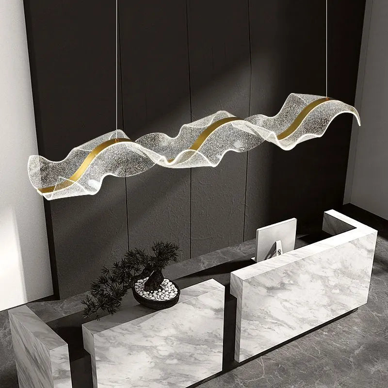 Kristy Pendant Light Designer Wave Acrylic, White/Gold, Dining Room