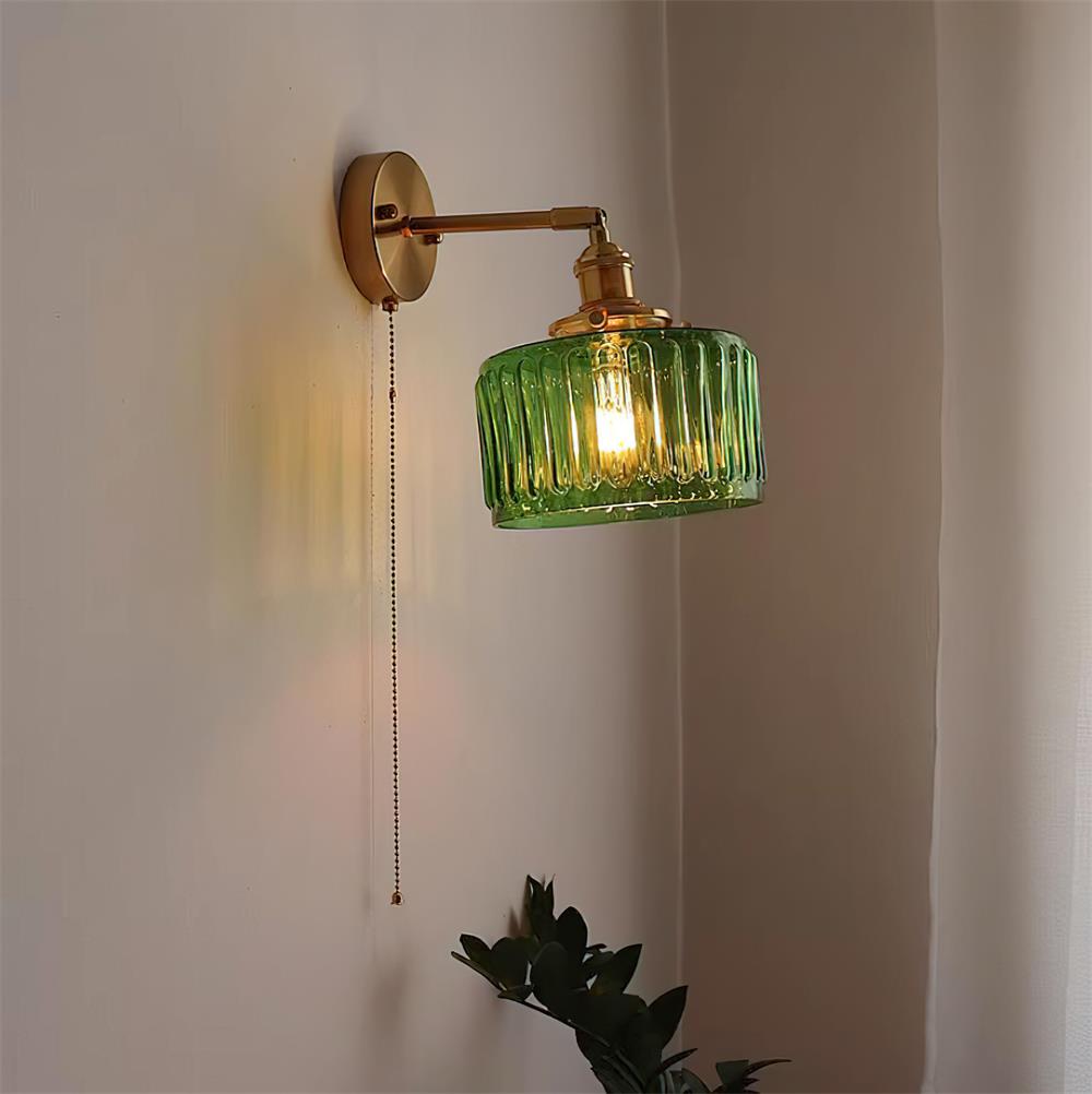 Wall Lamp Brass with Green/Clear Glass Shade and Pull Chain