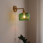 Wall Lamp Brass with Green/Clear Glass Shade and Pull Chain