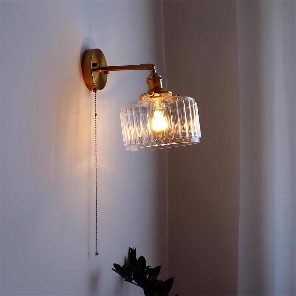 Wall Lamp Brass with Green/Clear Glass Shade and Pull Chain