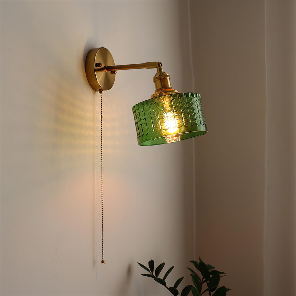 Wall Lamp Brass with Green/Clear Glass Shade and Pull Chain