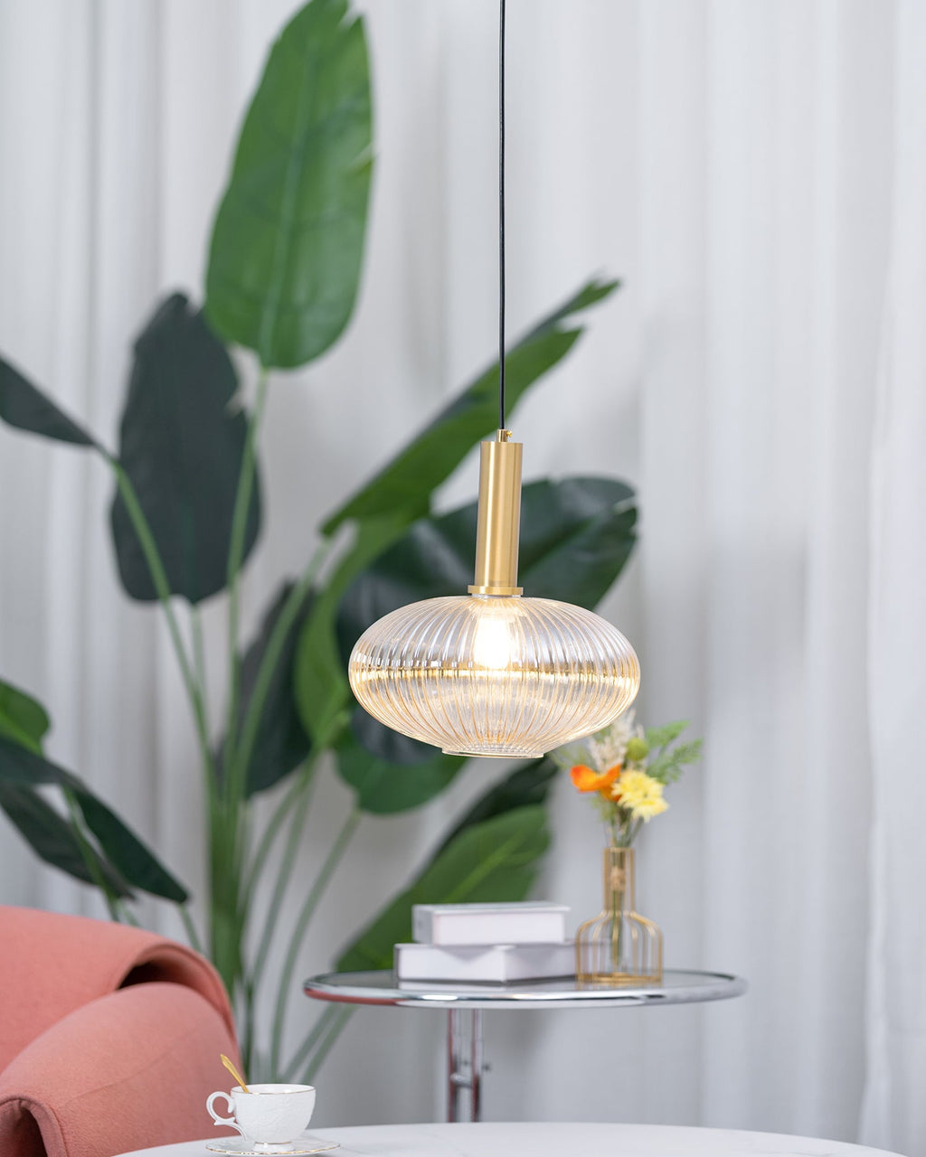 Oval Reeded Glass Pendant Light