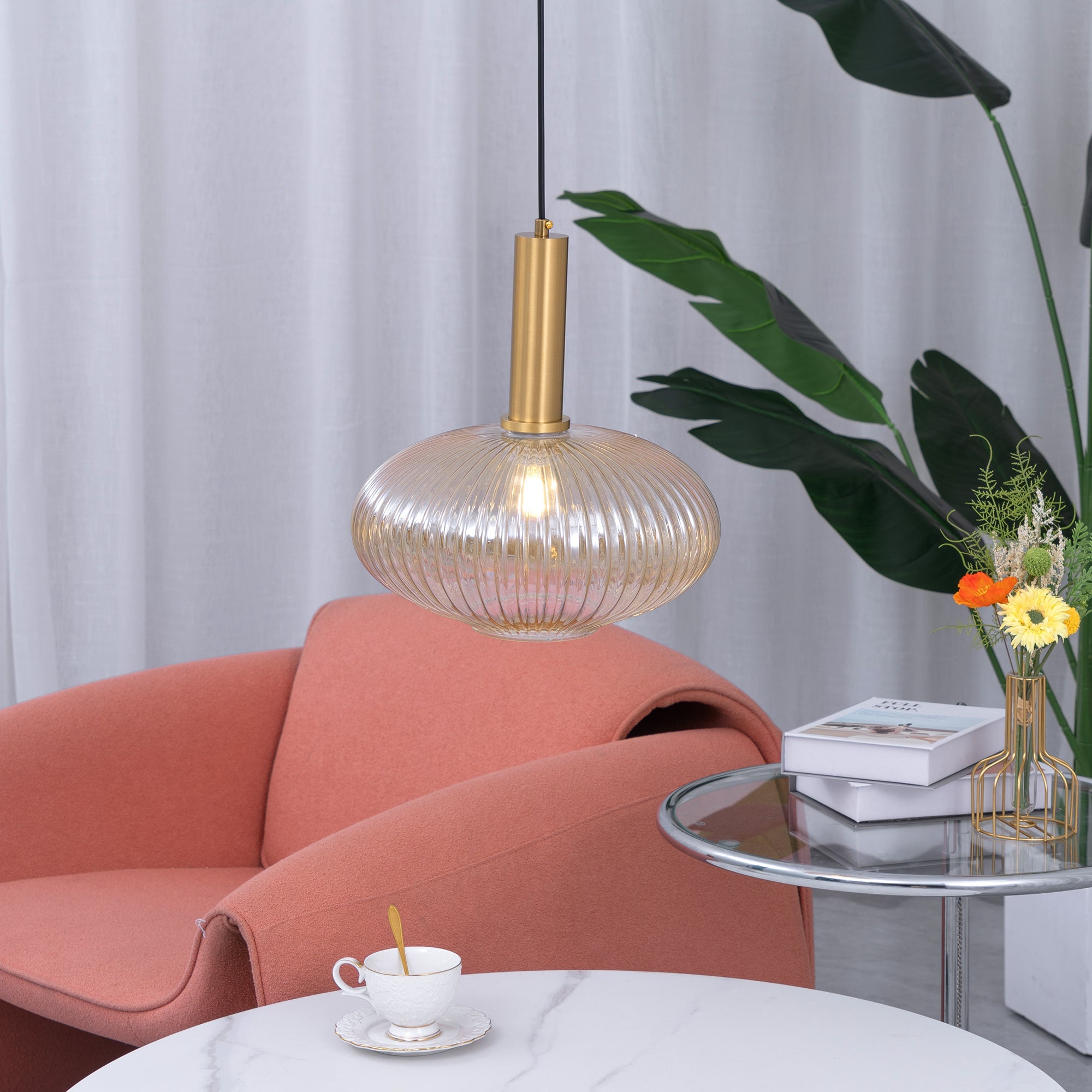 Oval Reeded Glass Pendant Light