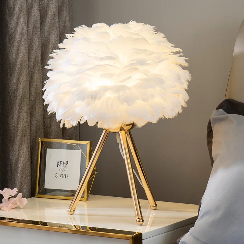 Exclusive Feather Table Lamp – Decorative Tripod Lamp, Gold Base