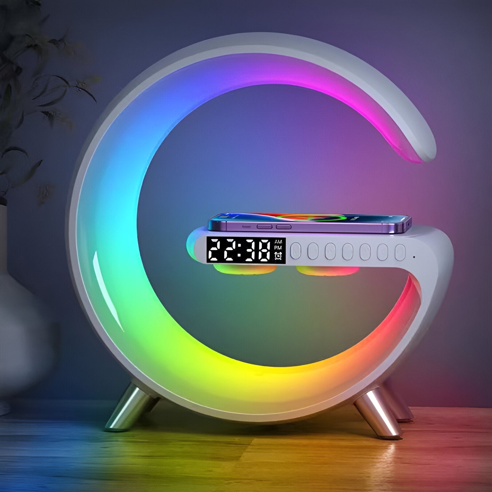 Veliora - Stylish G-shaped Night Light with Wireless Charging Station and Clock