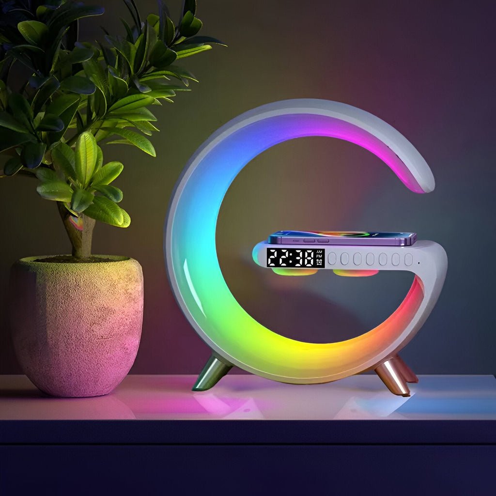 Veliora - Stylish G-shaped Night Light with Wireless Charging Station and Clock