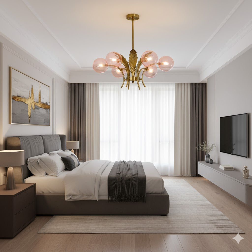 Sphere Ceiling Light Simplicity White/Pink/Cognac Glass 6-Bulb Drawing Room LED Hanging Chandelier with Leaf Decor