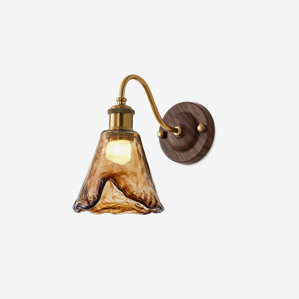 Wall Lamp Amber Glass Shade Walnut Gold Vintage Modern Sconce