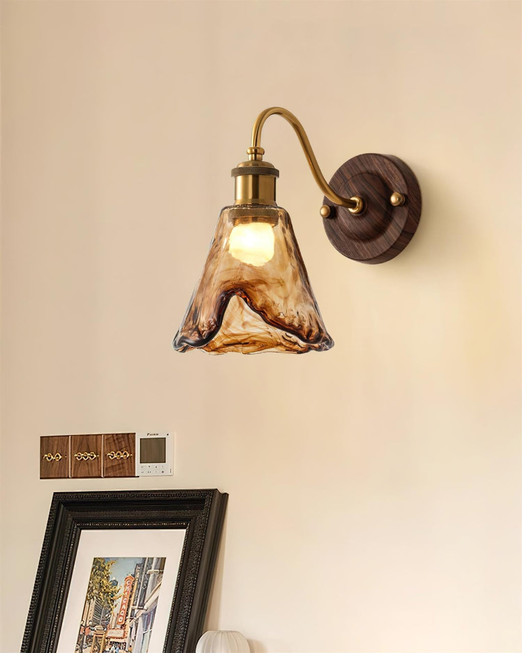 Wall Lamp Amber Glass Shade Walnut Gold Vintage Modern Sconce