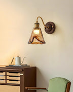Wall Lamp Amber Glass Shade Walnut Gold Vintage Modern Sconce