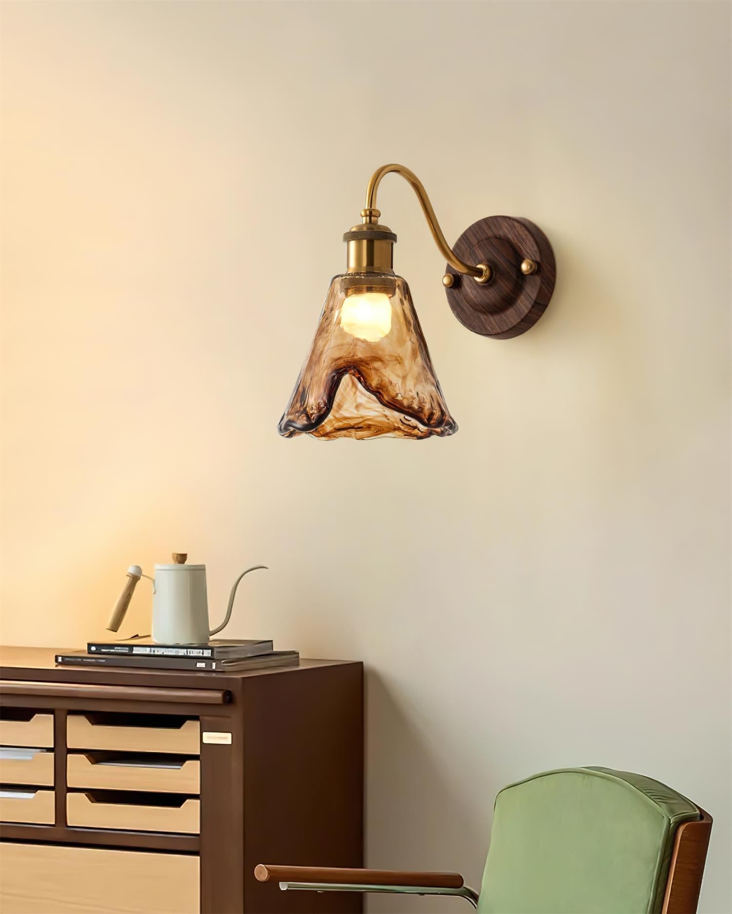 Wall Lamp Amber Glass Shade Walnut Gold Vintage Modern Sconce